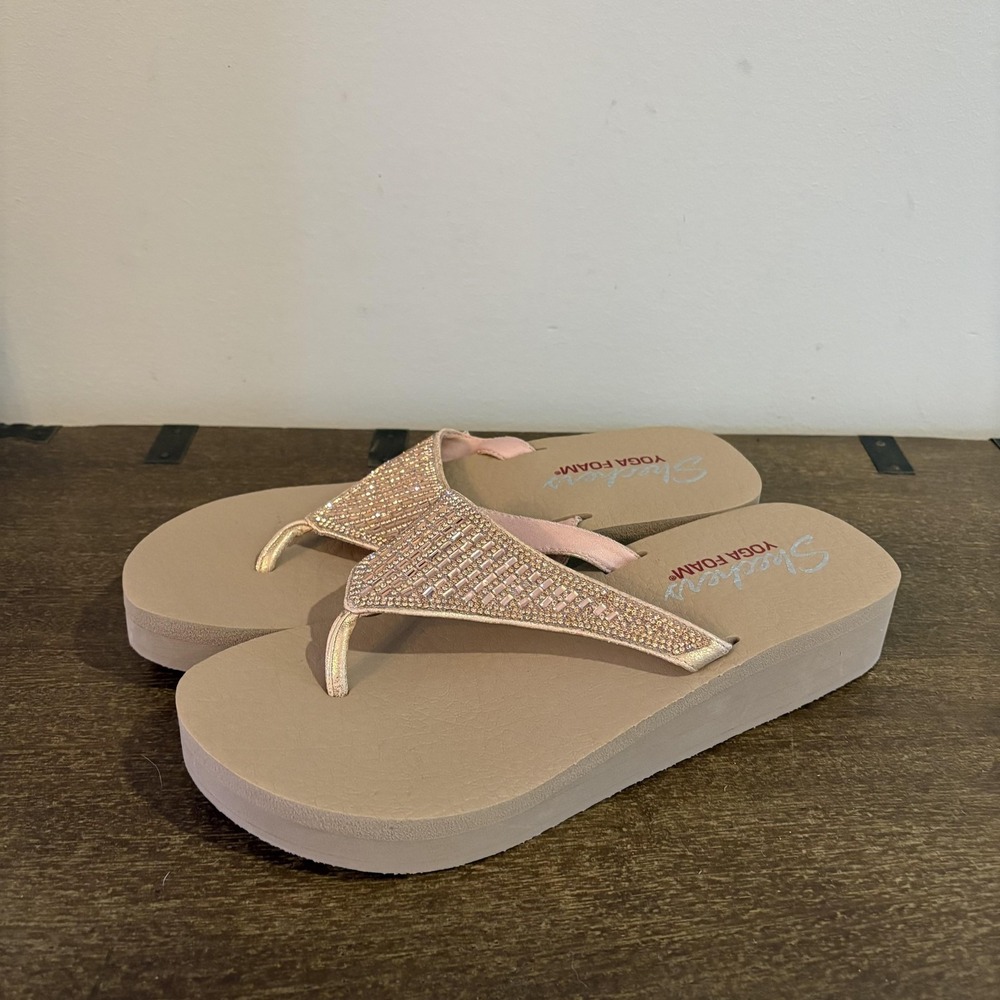 Skechers Sandals Womens Size 11 Pink Yoga Foam Wedge Flip Flop S13760 Rhinestone